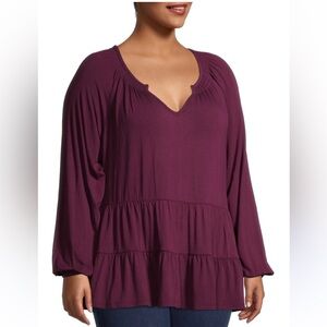 Burgundy Long Sleeve 3X Terra & Sky Babydoll Boho Top
